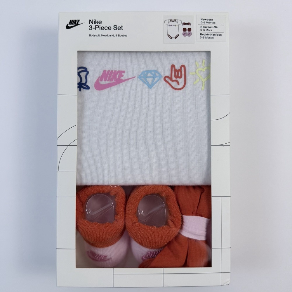 Nike Baby Girls 3Pc Outfit Set Bodysuit Headband Booties 0-6M Orange White NIB